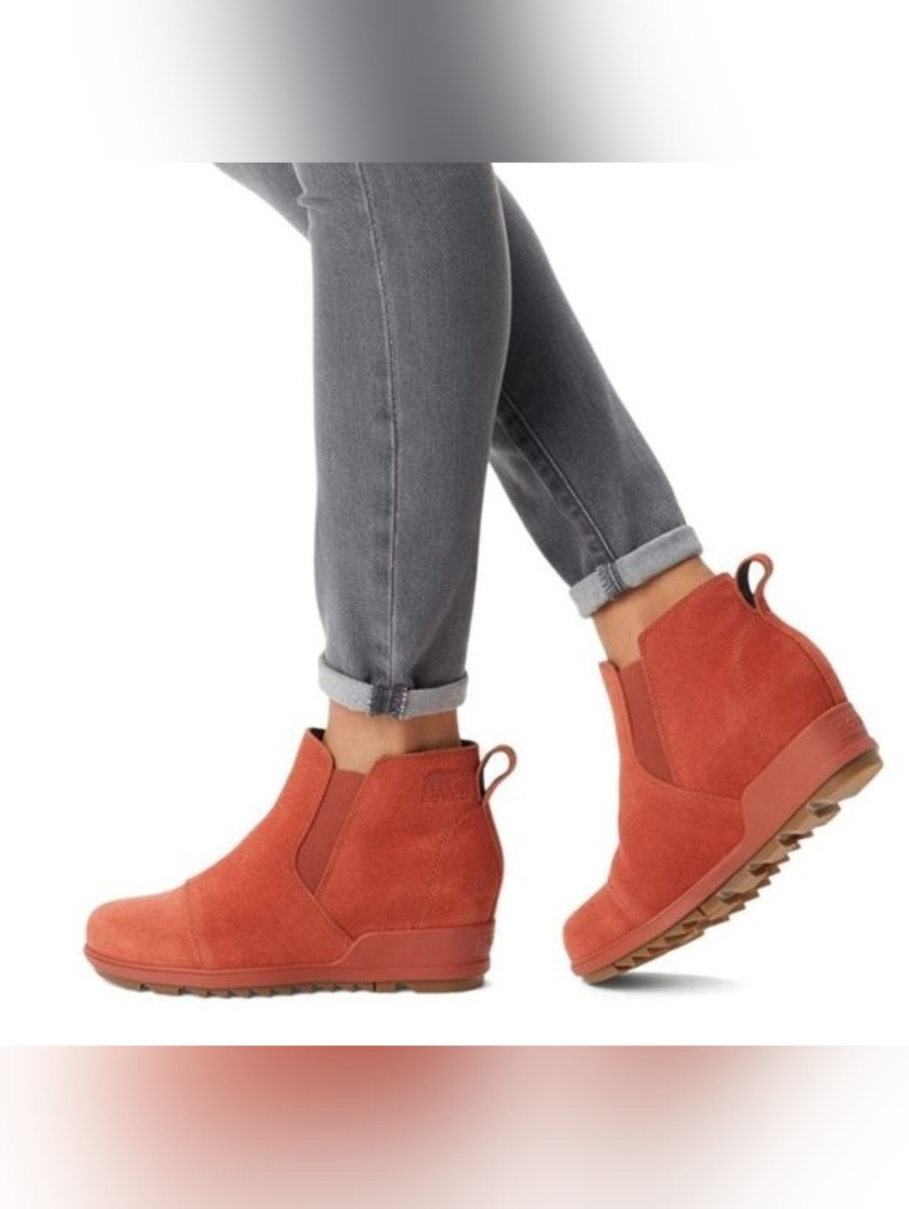 SOREL Evie Pull-On Burnt Orange Waterproof Suede Chelsea Ankle Wedge Booties